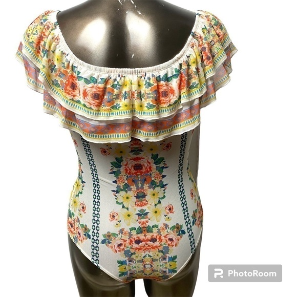 JEALOUS Tomato Floral Mesh Vibes Ruffled Layered Bodysuit Party Festival Large - Picture 7 of 15